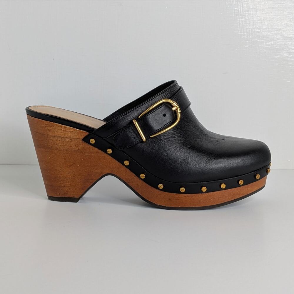 Veronica Beard Hendrix Platform Clogs 9 Black Leather Wood Heel Slip On Mules - Picture 9 of 16